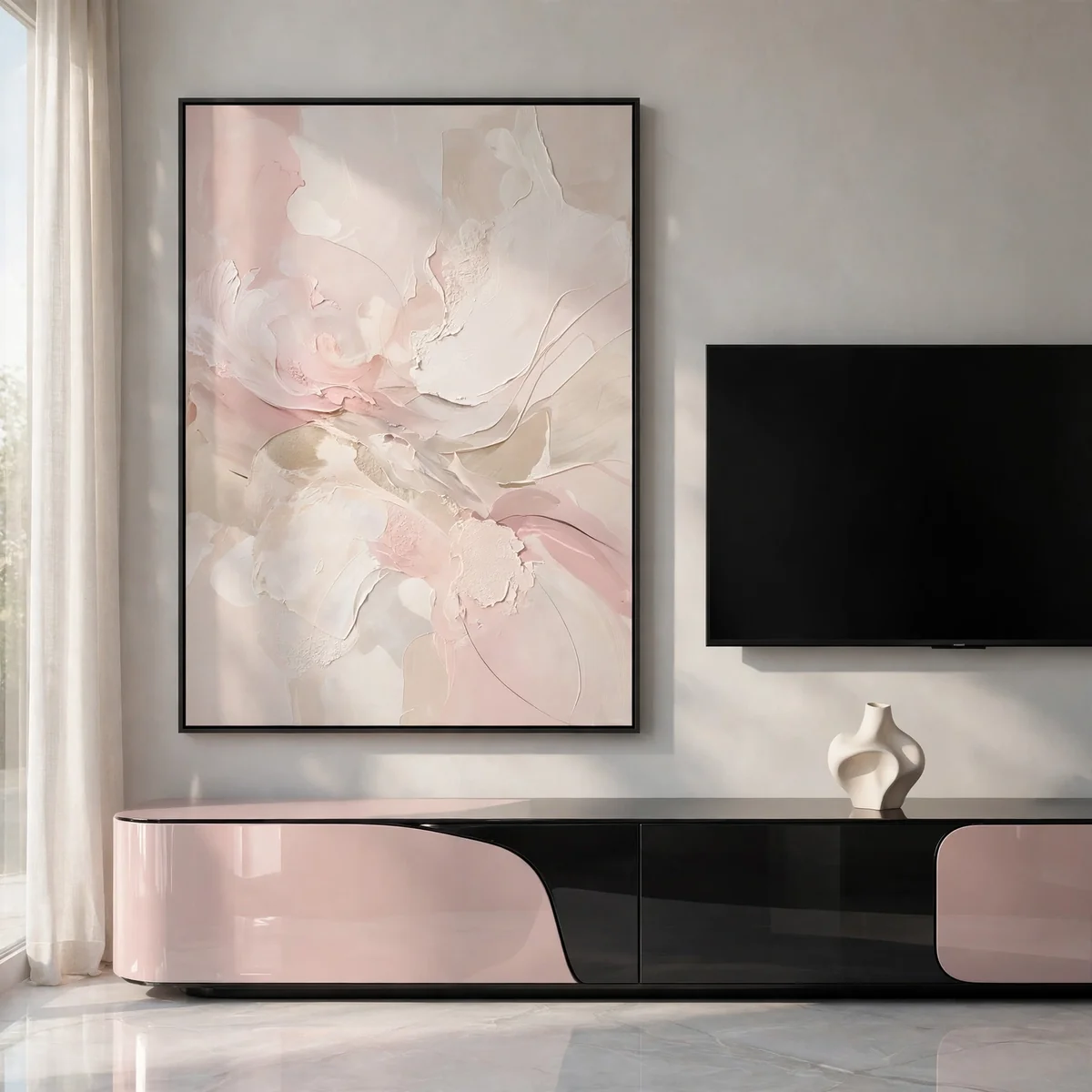 tv wall decor ideas: one oversized blush abstract painting beside a black TV