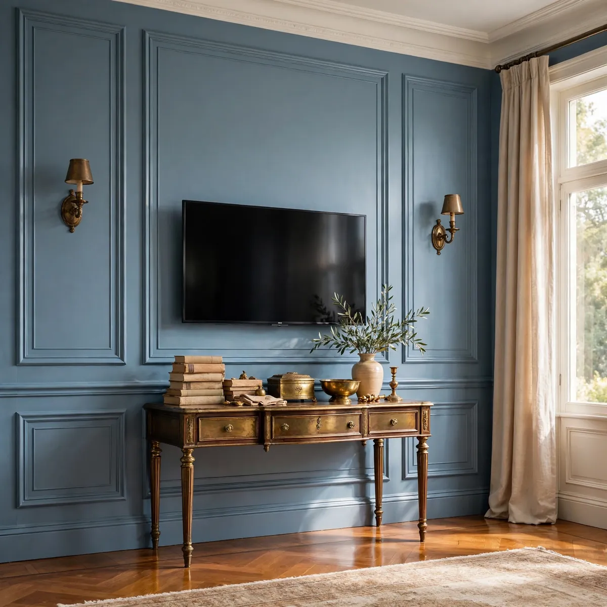 tv wall decor ideas: dusty blue panel molding wall with brass sconces beside the TV