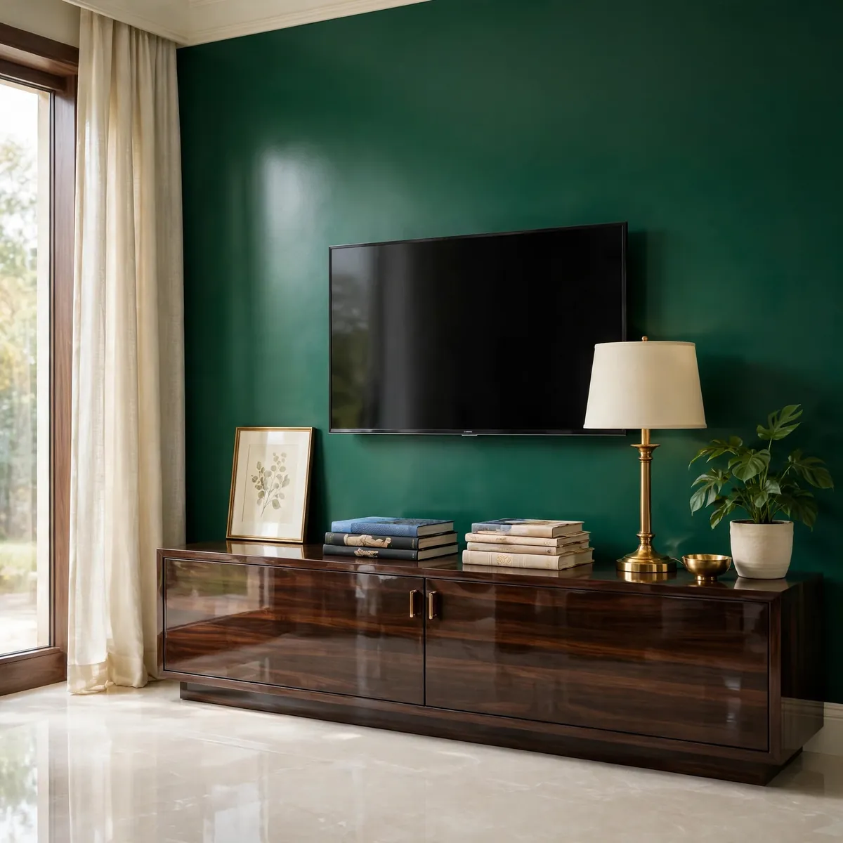 tv wall decor ideas: emerald wall with styled dark walnut media console under the TV