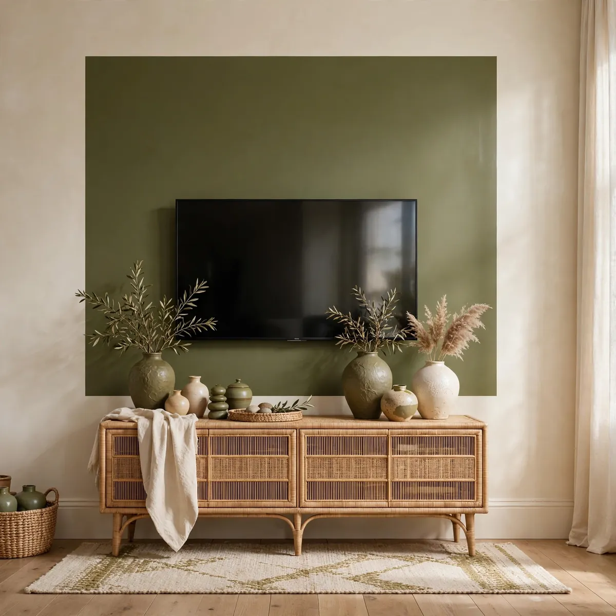 tv wall decor ideas: olive green color-block painted rectangle behind the TV on ivory walls