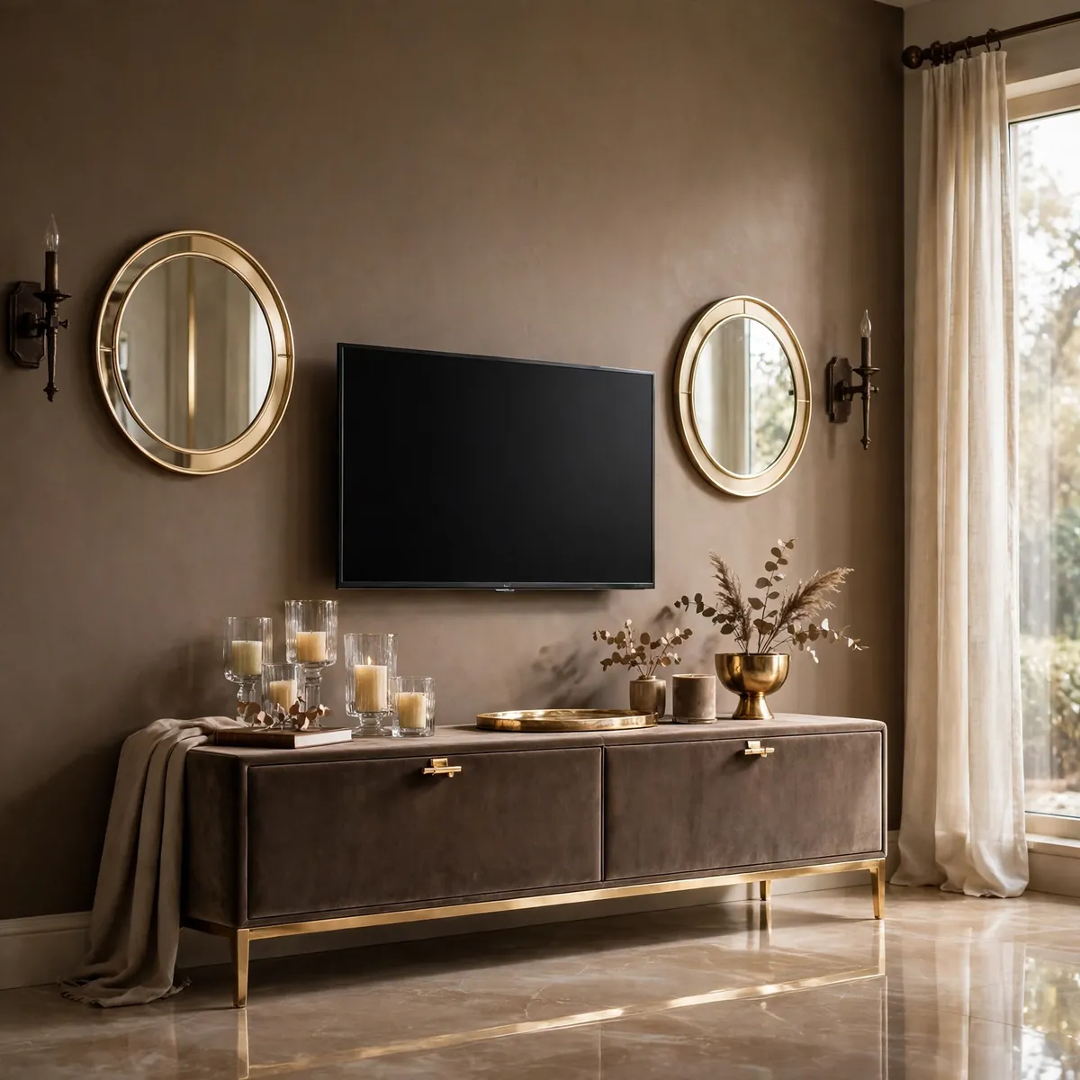tv wall decor ideas: round mirrors and dark bronze sconces flanking the TV