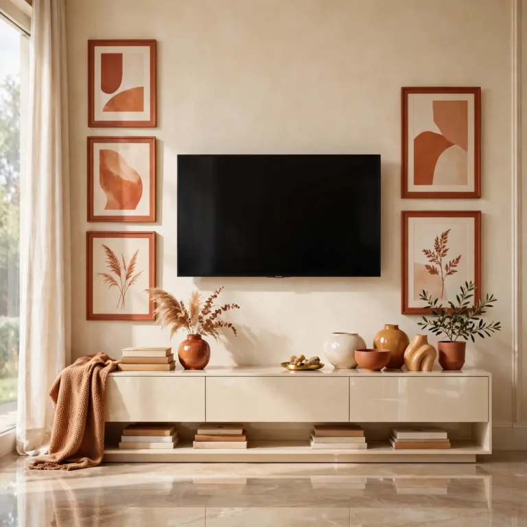 tv wall decor ideas: terracotta and cream gallery-style TV wall with styled console
