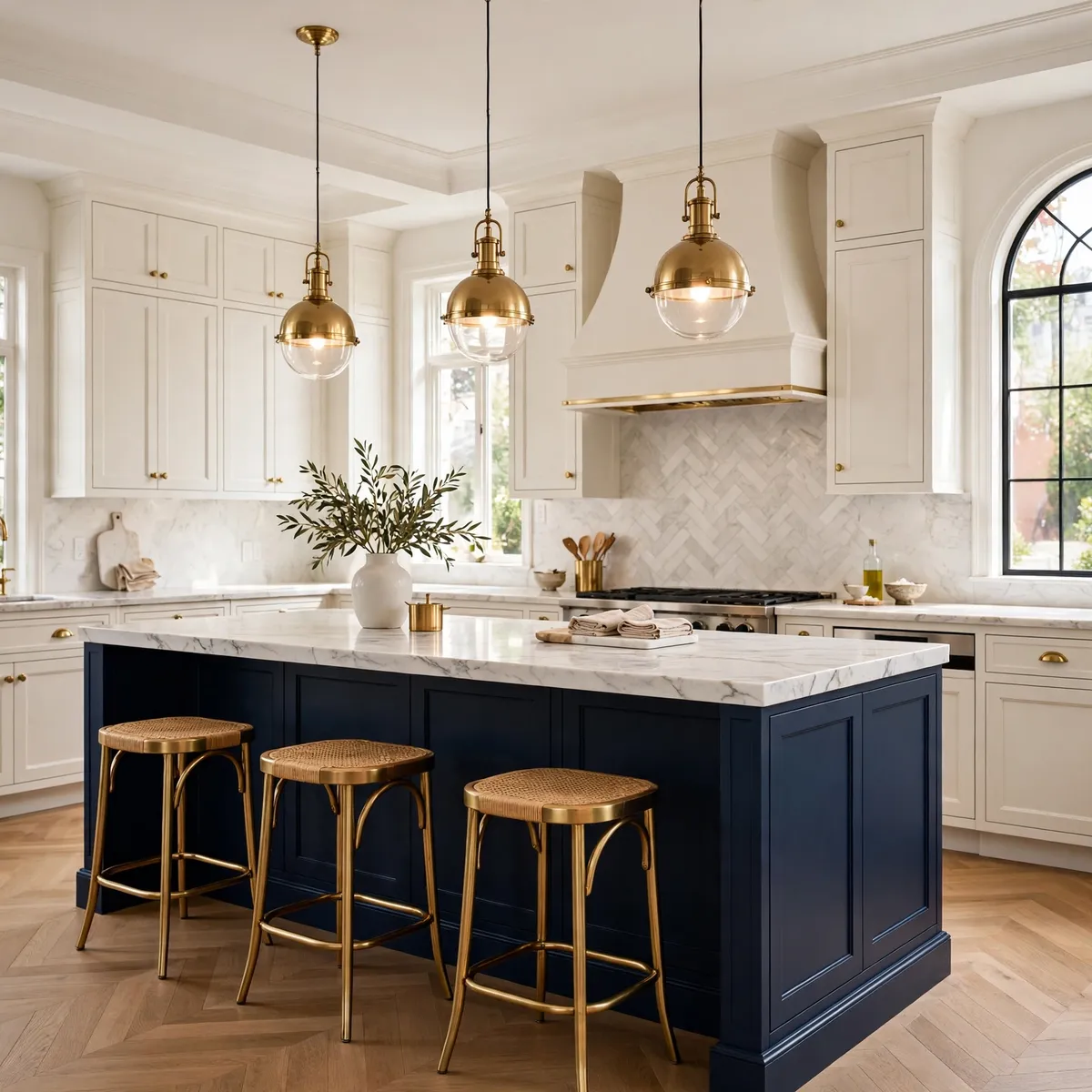 two tone kitchen cabinets: Pair a Deep Navy Island With a Light Perimeter