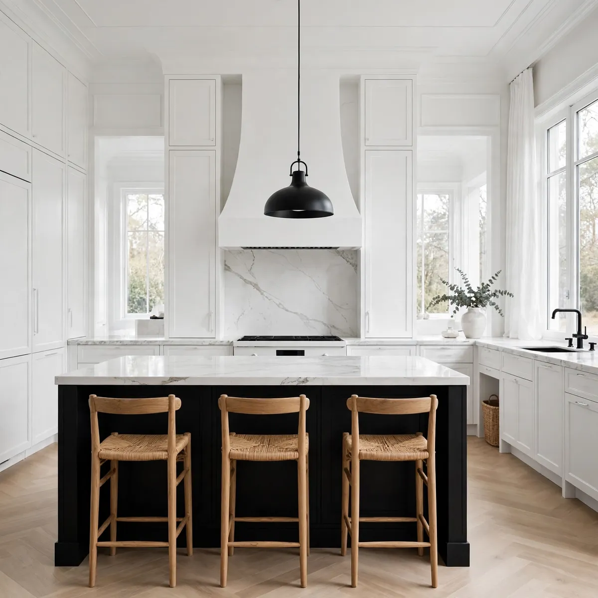 two tone kitchen cabinets: Let a Black Island Ground an All-White Kitchen