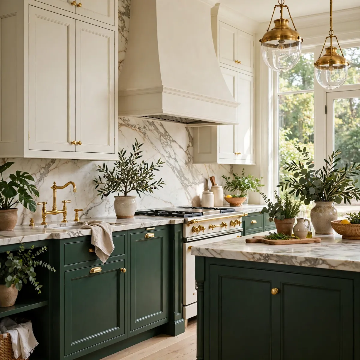 two tone kitchen cabinets: Go Bold With Deep Green Lowers and Cream Uppers