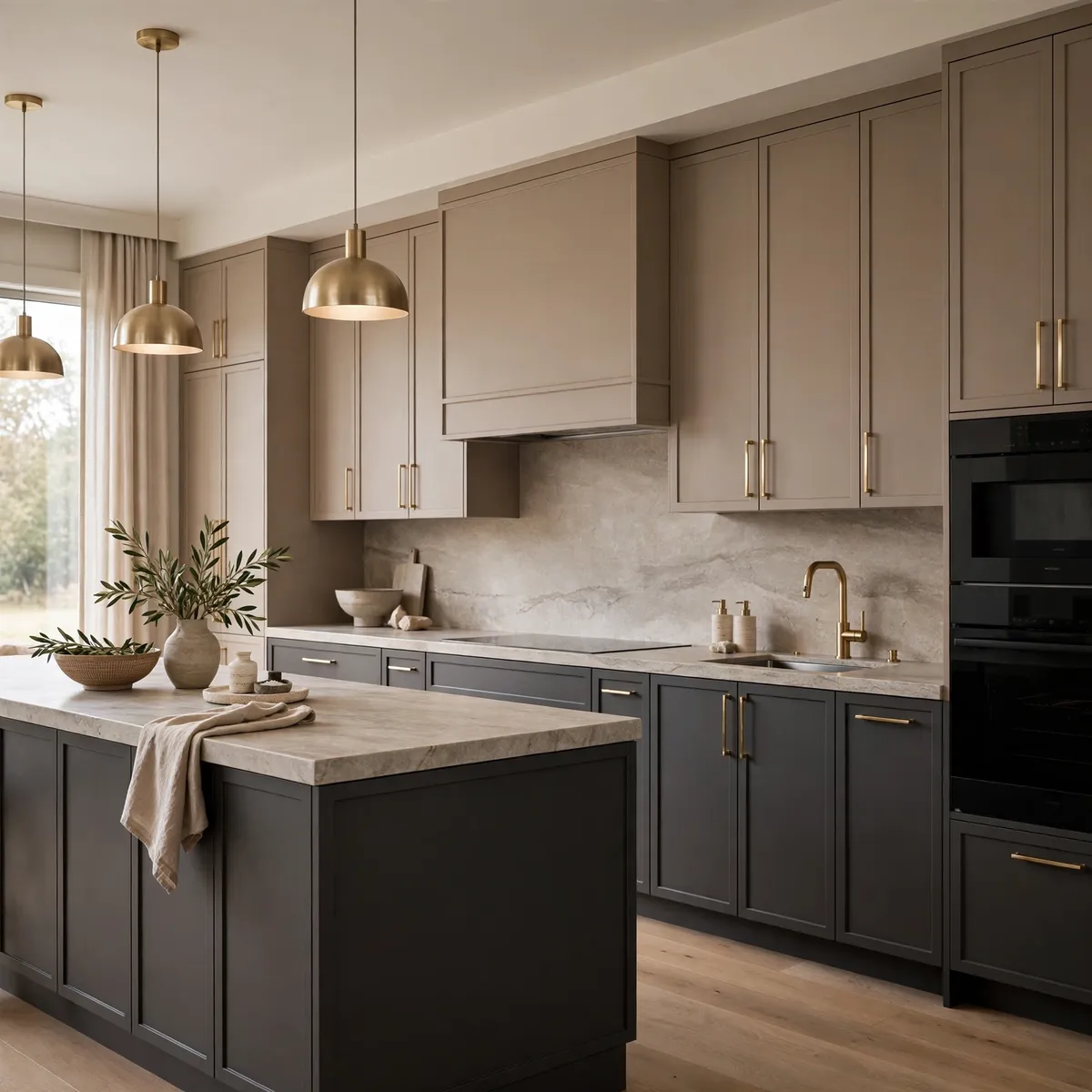 two tone kitchen cabinets: Keep It Calm With Taupe Uppers and Charcoal Lowers