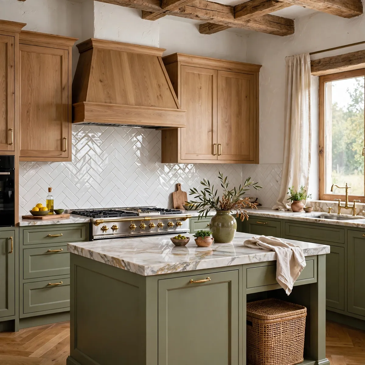 two tone kitchen cabinets: Try Olive Lowers With Natural Wood Uppers