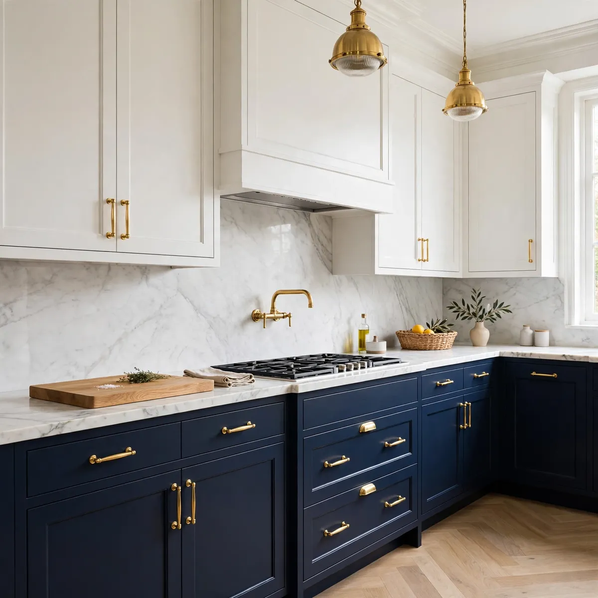 two tone kitchen cabinets: Commit to Navy Bases With White Uppers
