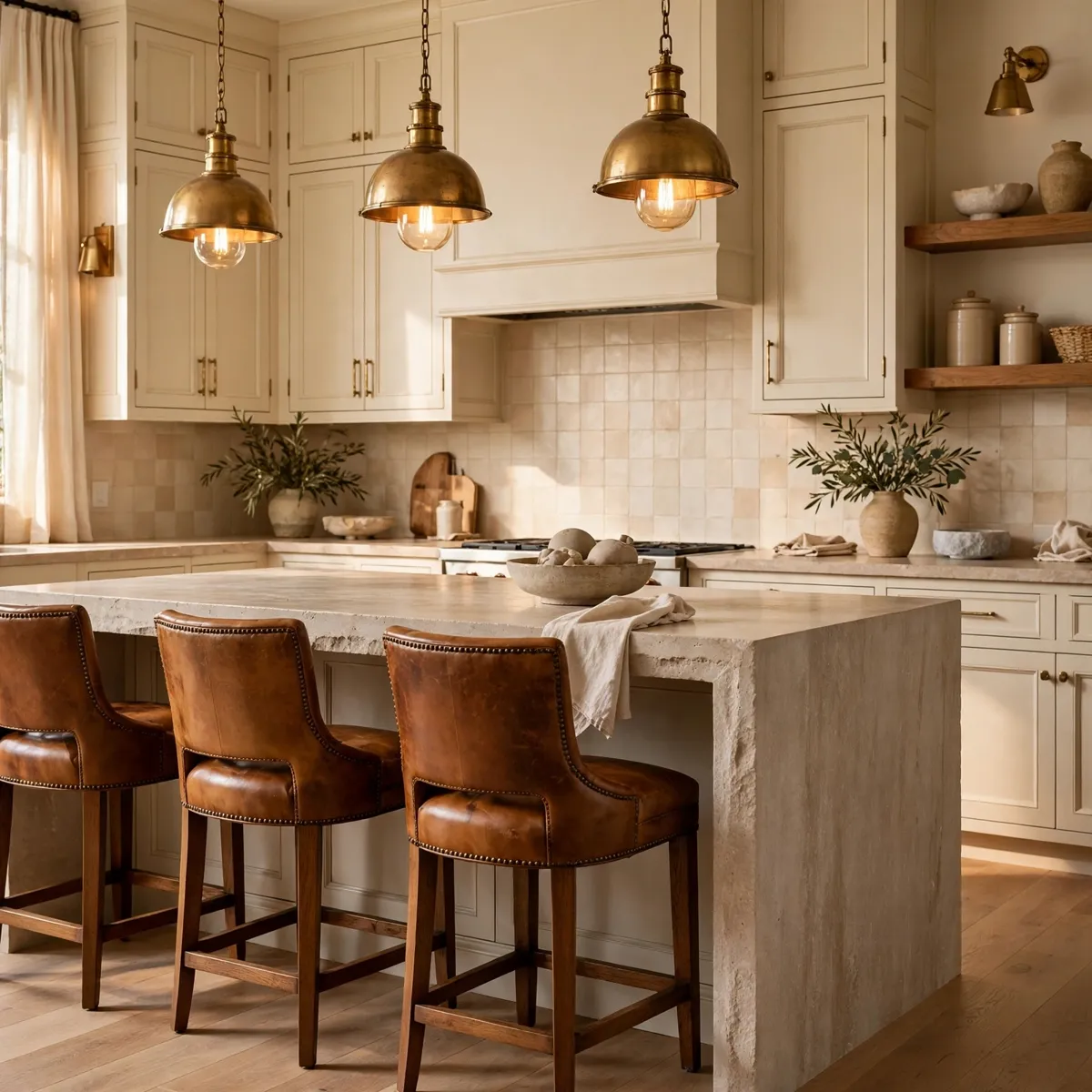 warm neutral kitchen: Pull Up Caramel Leather Stools