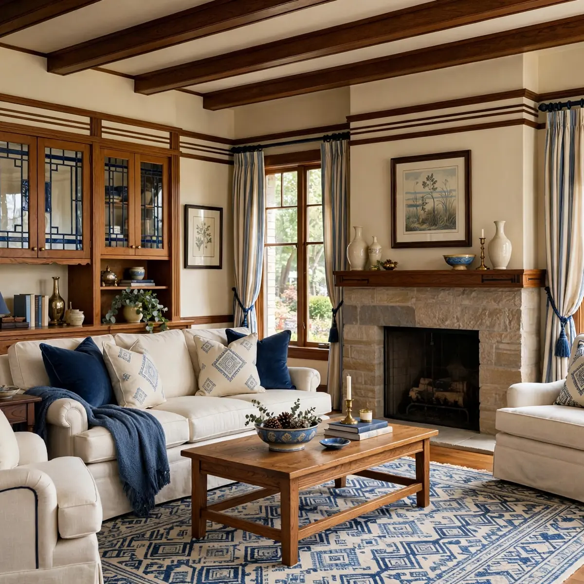 western springs living room design: Classic Blue and Cream Palette