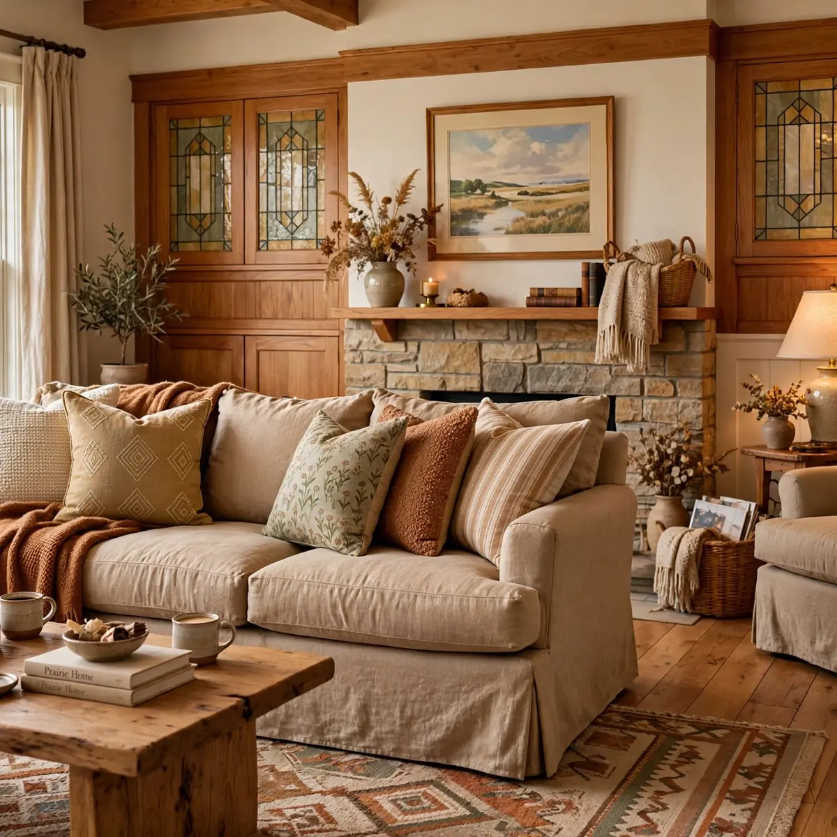 western springs living room design: Plush Sofa in Warm Linen