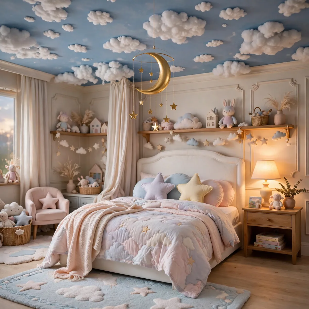 whimsical kids room ideas: Cloud Ceiling with a Moon Mobile