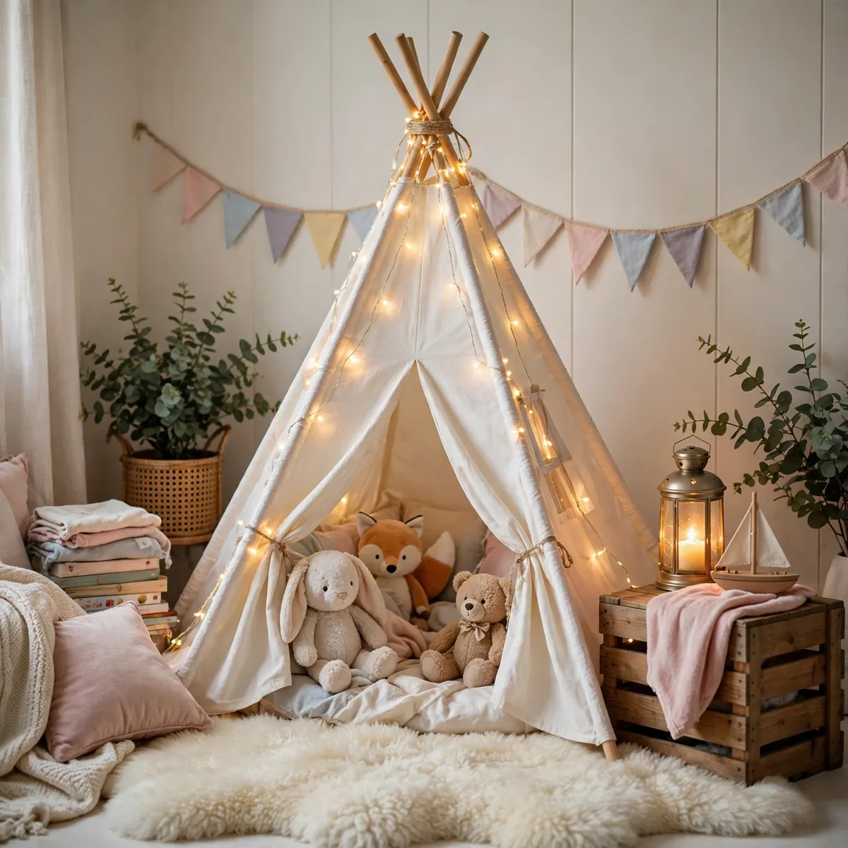 whimsical kids room ideas: Fairy Light Teepee Corner