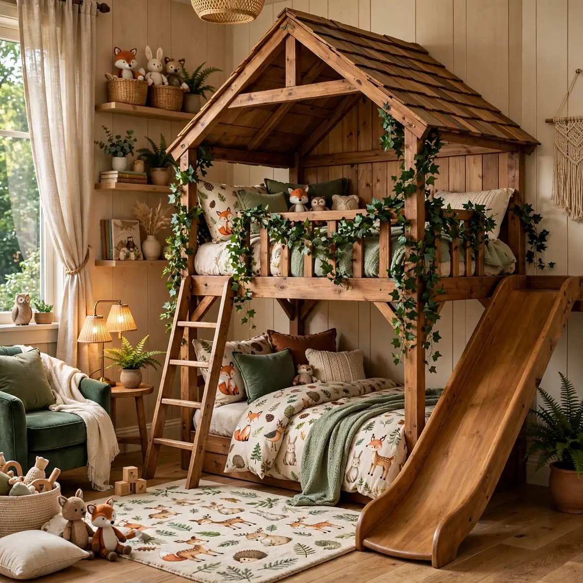 whimsical kids room ideas: Treehouse Bunk Bed with a Slide