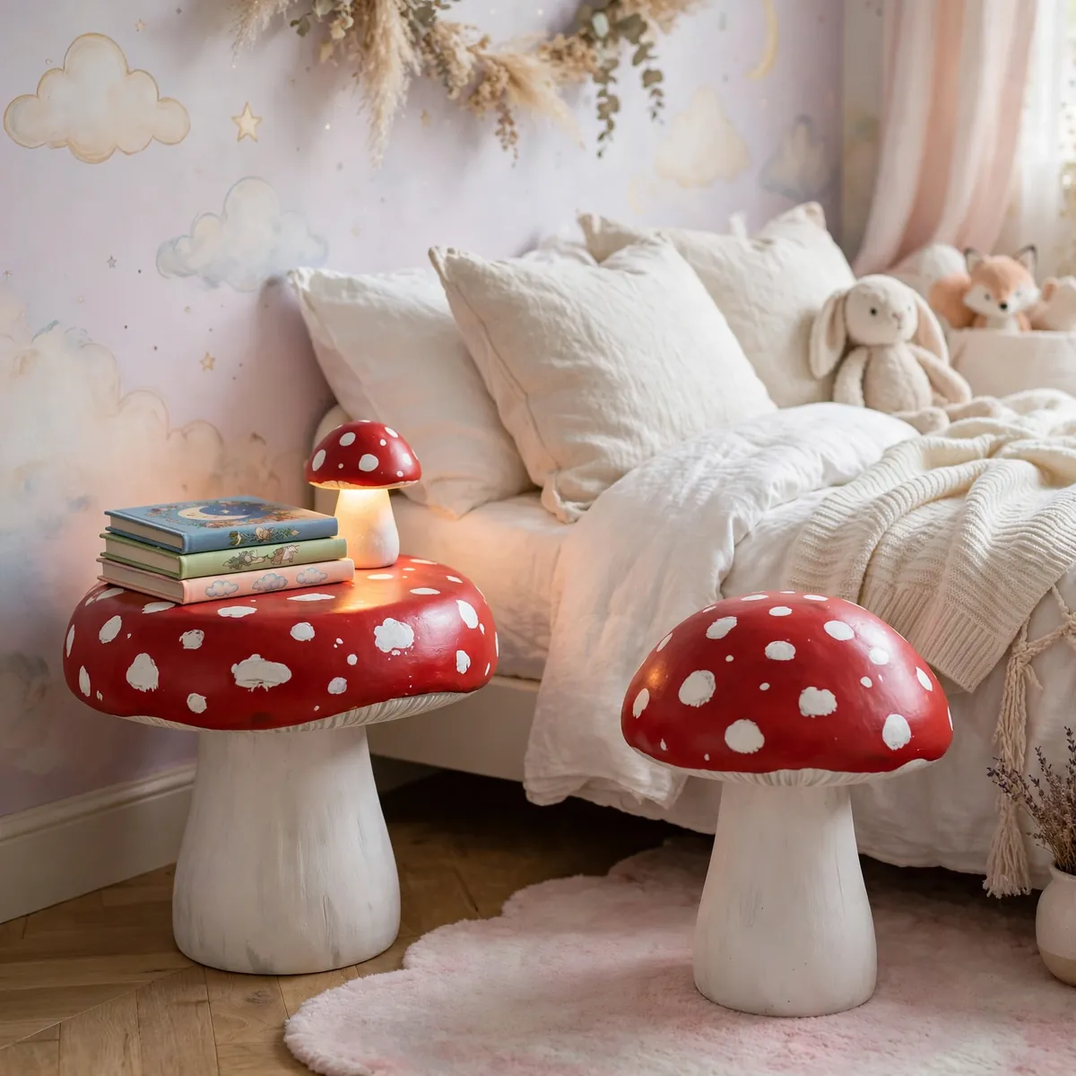 whimsical kids room ideas: Painted Mushroom Stool Side Tables