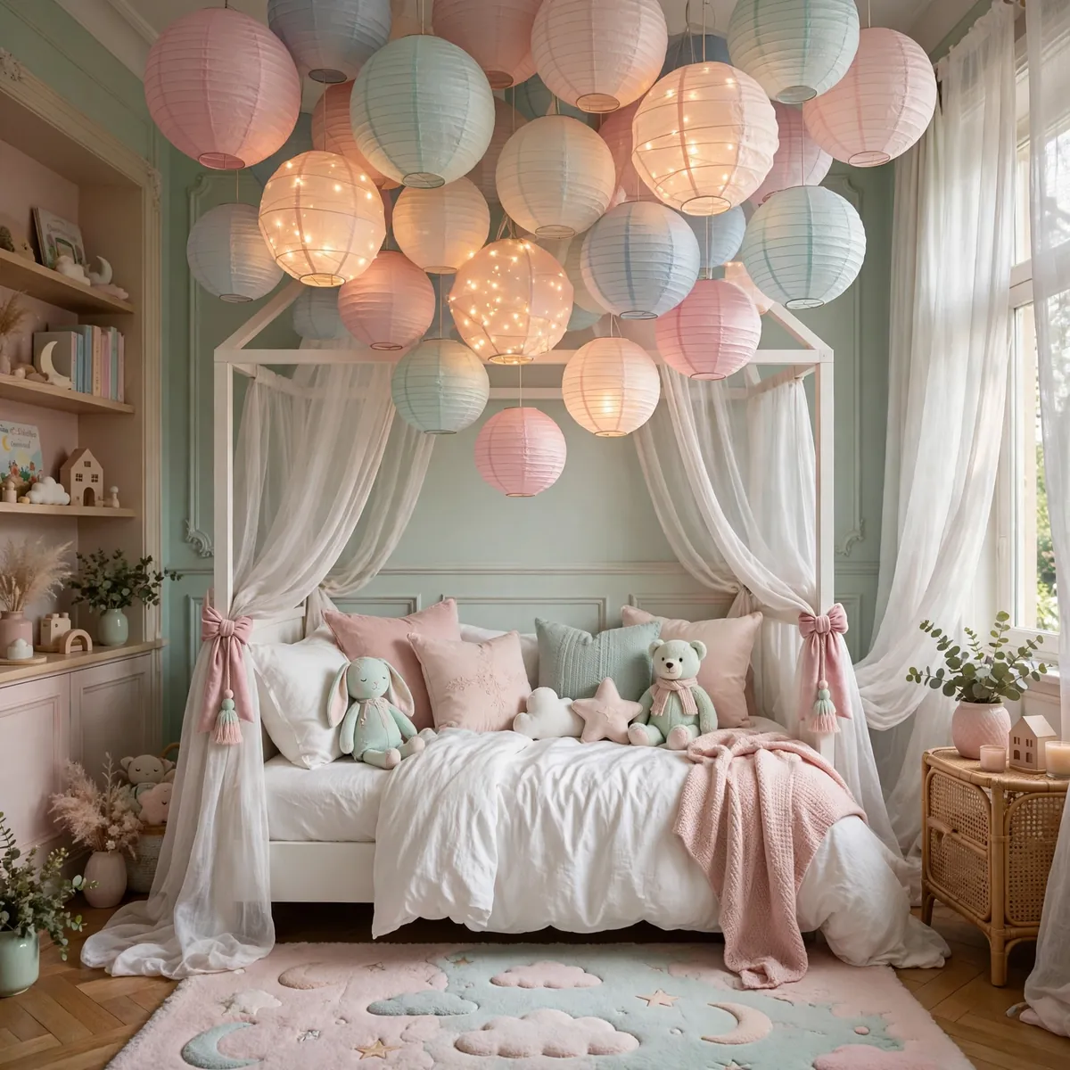whimsical kids room ideas: Paper Lantern Sky Above the Bed