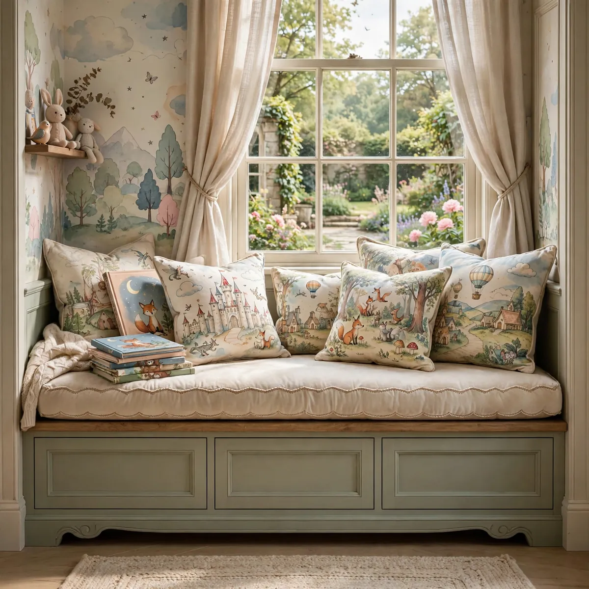 whimsical kids room ideas: Dreamy Window Seat with Storybook Cushions