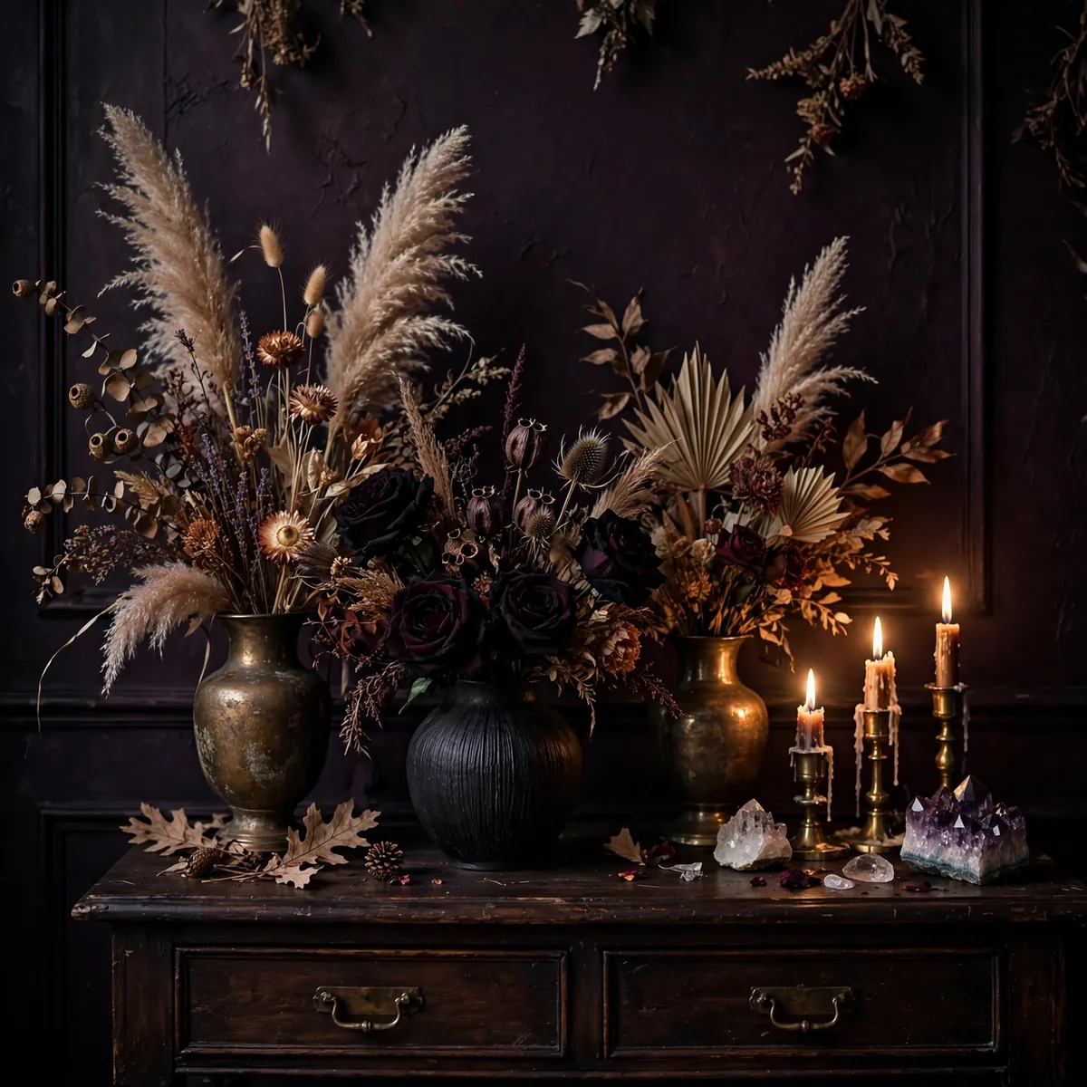 whimsigoth room ideas: Dried Flower Arrangements in Vintage Vases