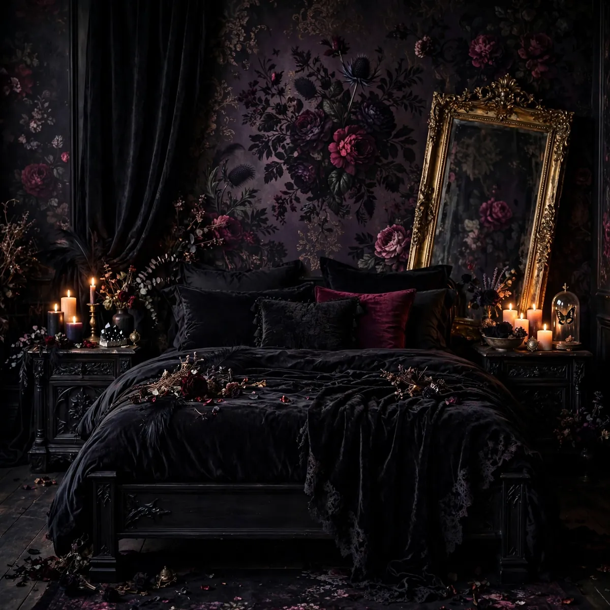 whimsigoth room ideas: Dark Floral Wallpaper Accent Wall
