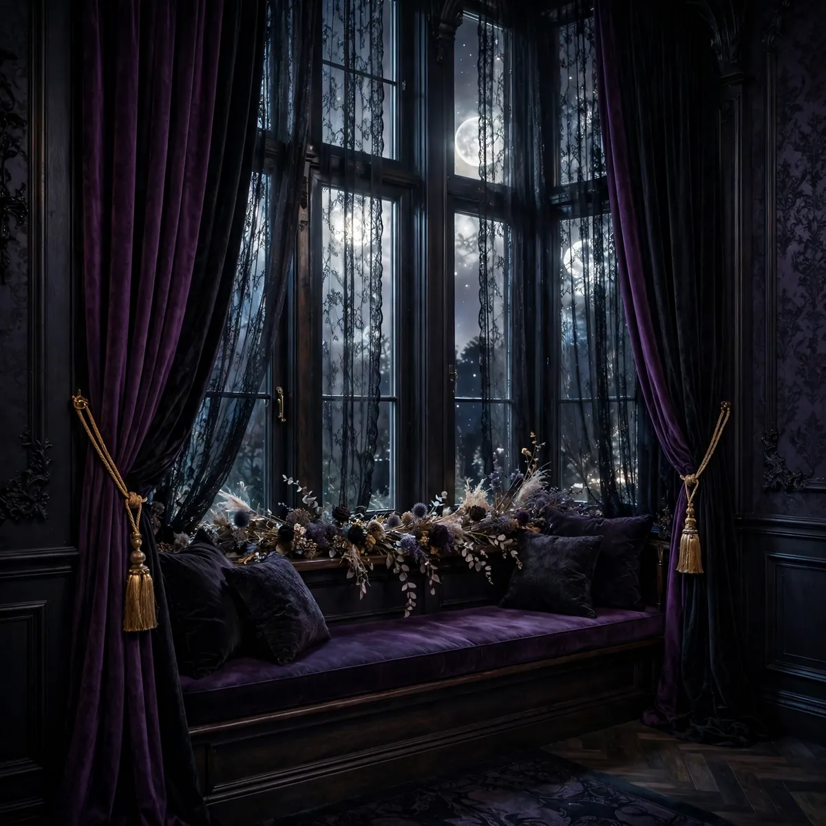 whimsigoth room ideas: Purple and Black Velvet Curtains
