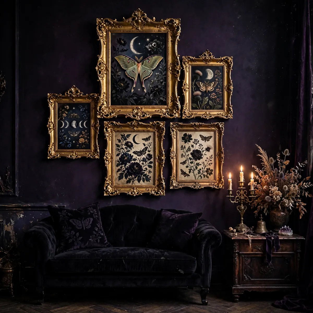 whimsigoth room ideas: Ornate Gold-Framed Dark Art