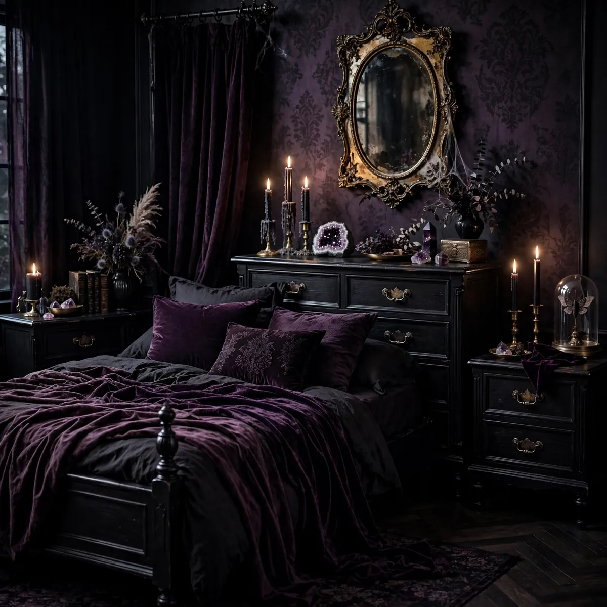 whimsigoth room ideas: Black Furniture with Velvet Accents