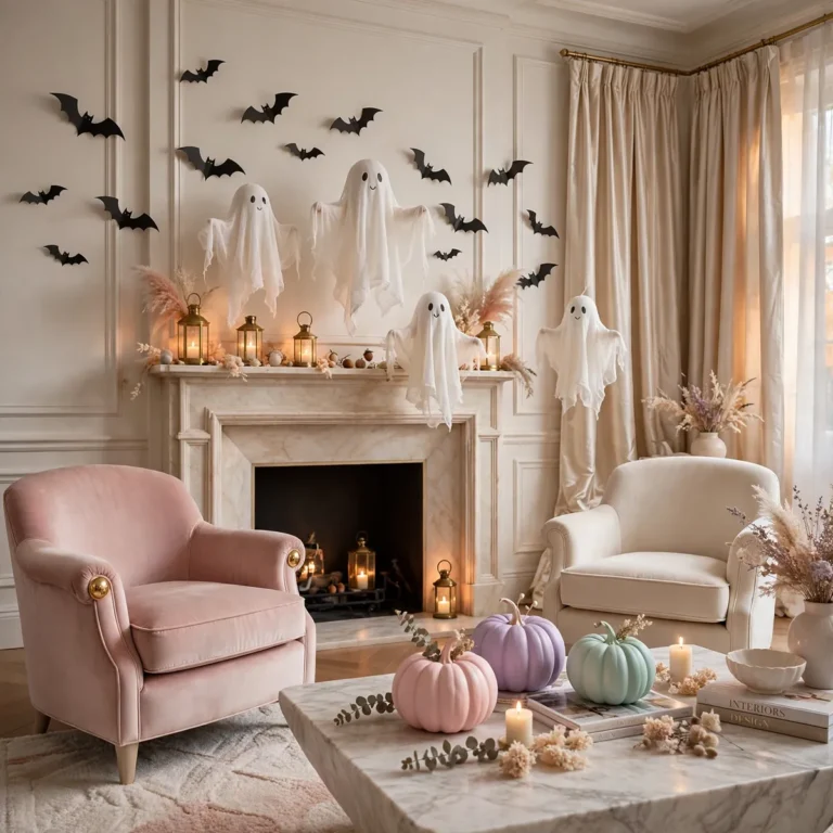 whimsical halloween decor ideas: living room with smiling cheesecloth ghosts, glowing lanterns, and paper bats above a white fireplace mantel
