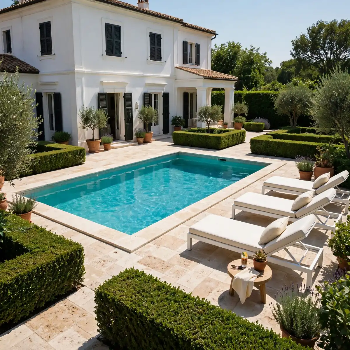 white house pool ideas: Classic White Villa Pool with Limestone Coping