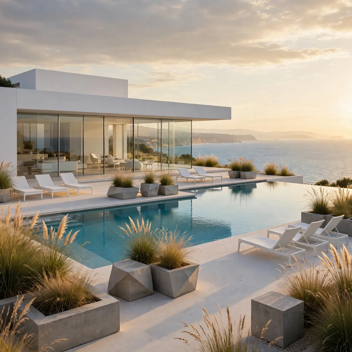 white house pool ideas: Infinity Edge Pool by a White Modern Villa
