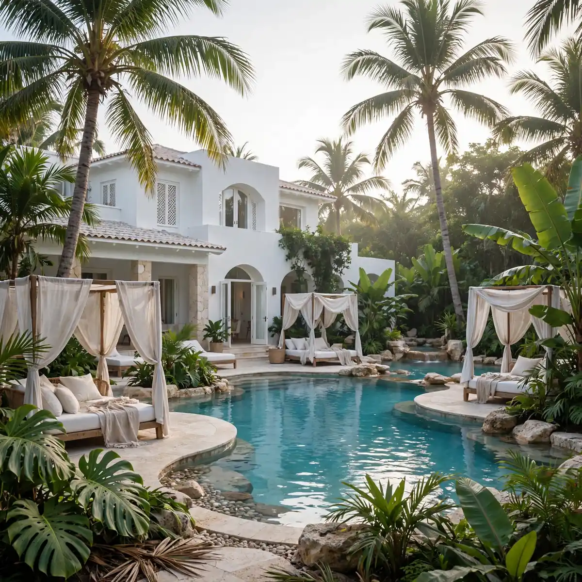 white house pool ideas: Tropical Palm-Framed White Pool Retreat