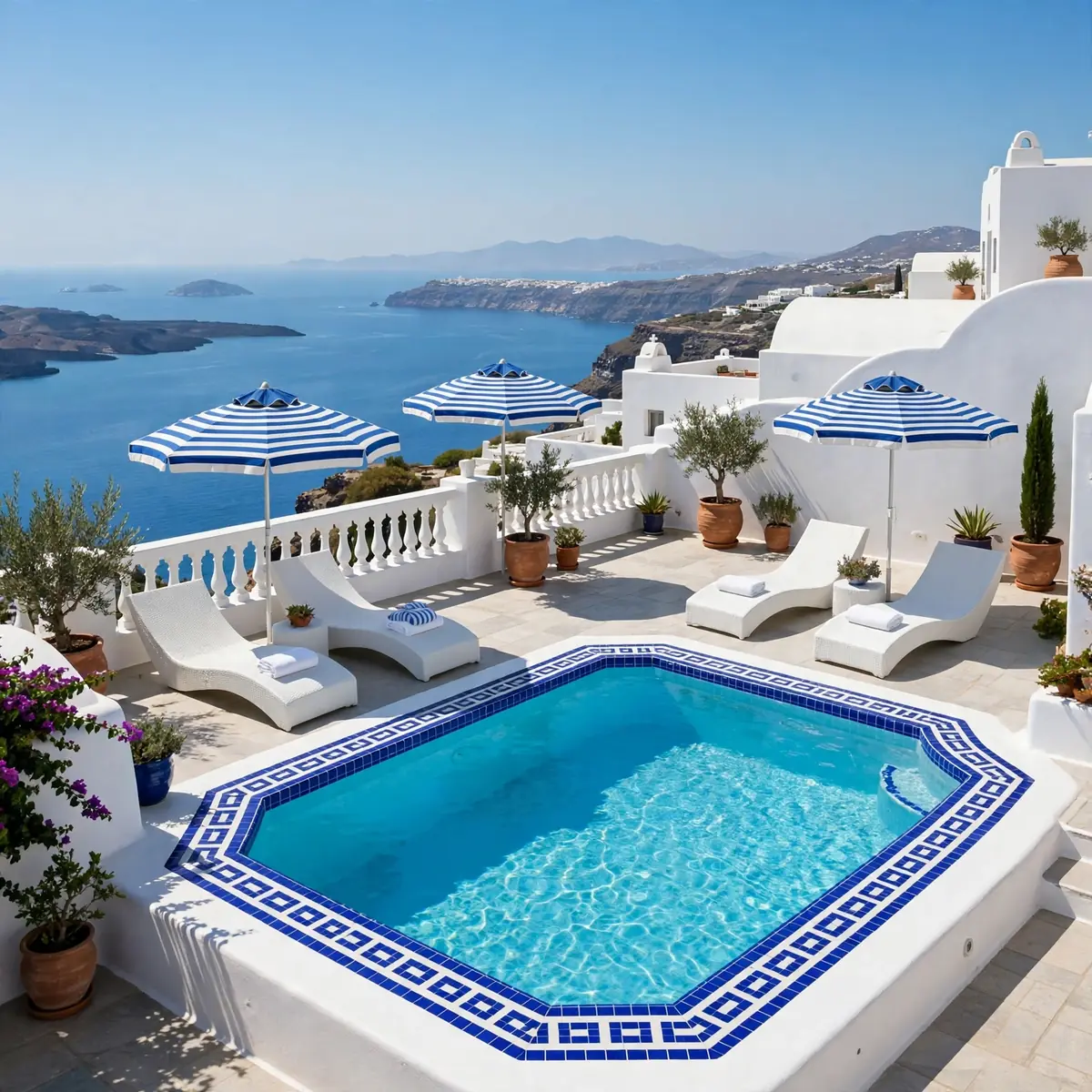 white house pool ideas: Greek Island-Style White Terrace Pool