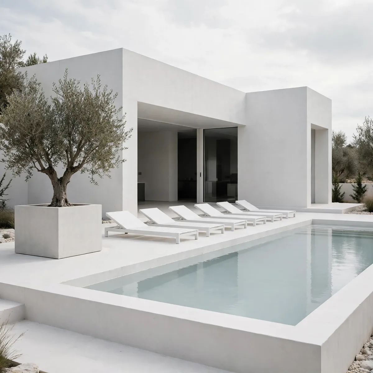 white house pool ideas: Minimalist White Pool Deck with Clean Lines
