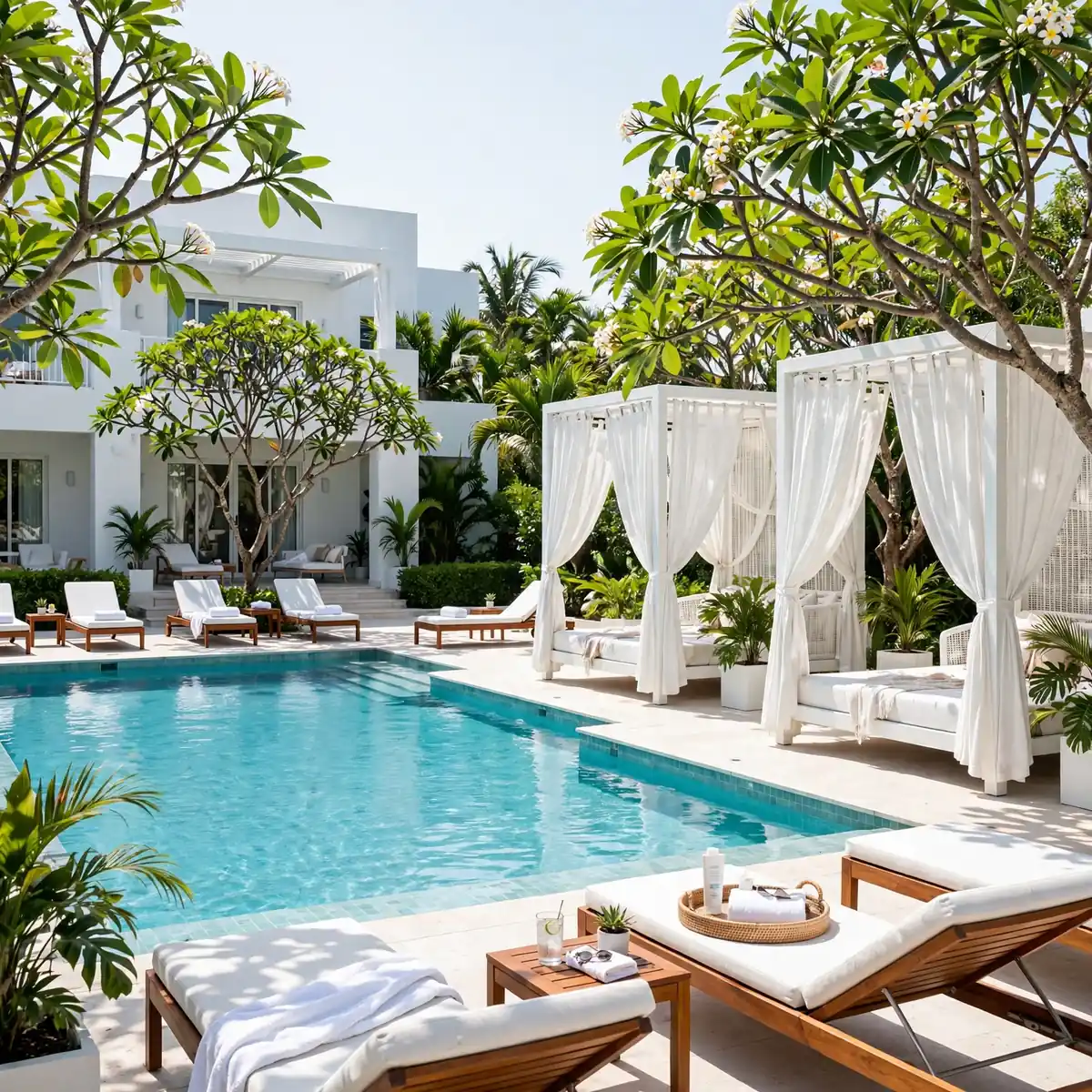 white house pool ideas: Resort-Style White Pool with Shaded Cabanas