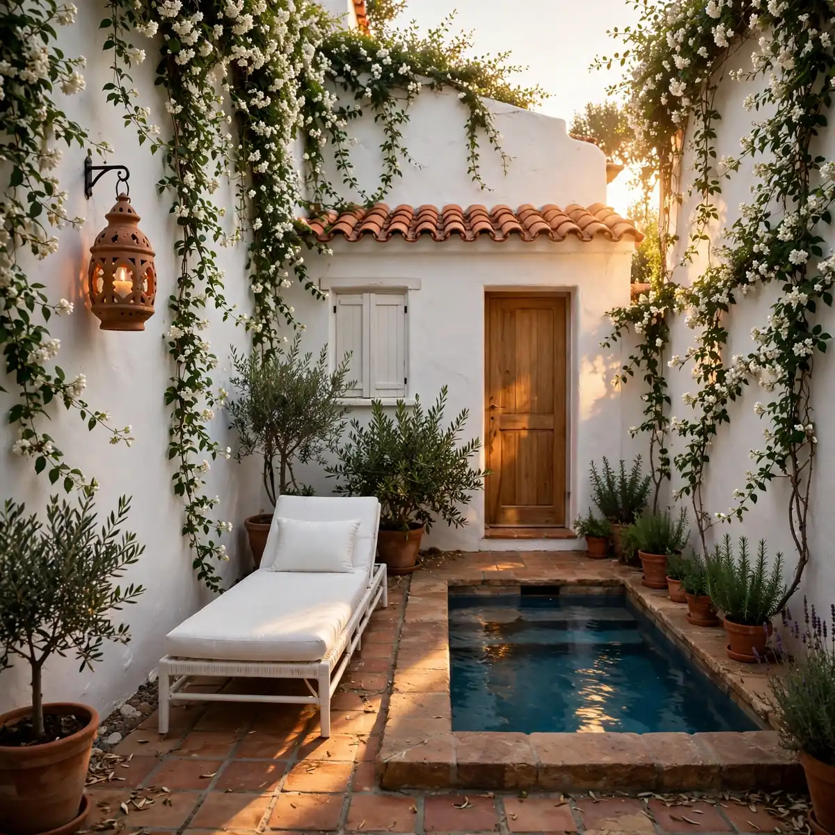 white house pool ideas: Intimate White Stucco Plunge Pool Courtyard