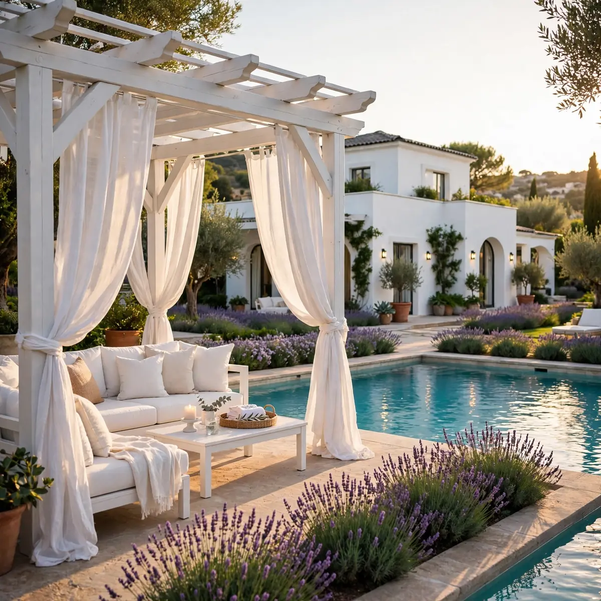 white house pool ideas: White Pergola Lounge Beside the Pool