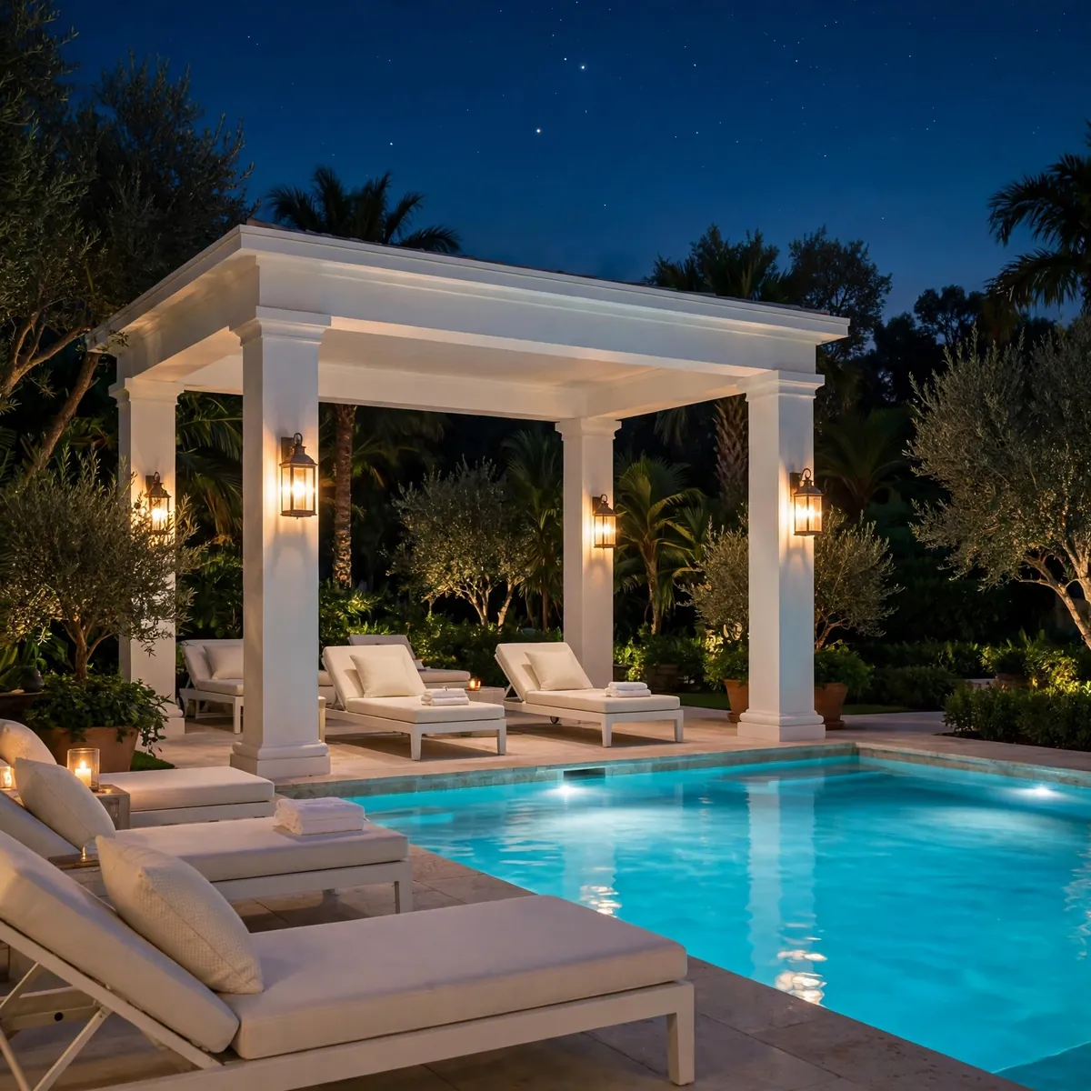 white house pool ideas: Evening-Lit White Pool Pavilion