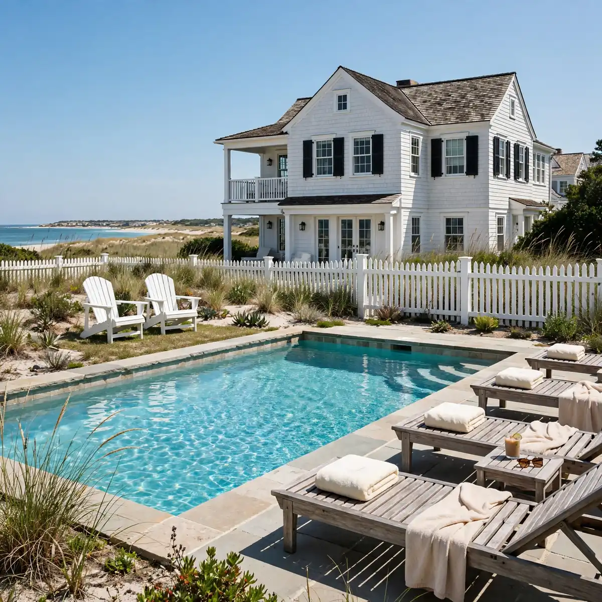 white house pool ideas: Coastal White Beach House Pool