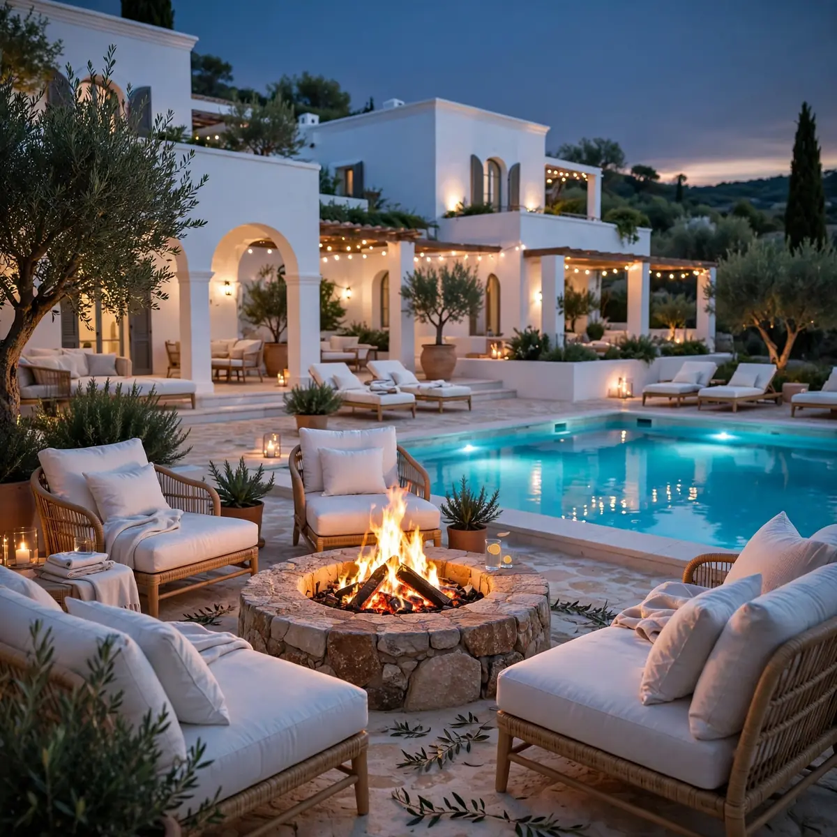 white house pool ideas: White House Pool with Fire Pit Lounge Terrace