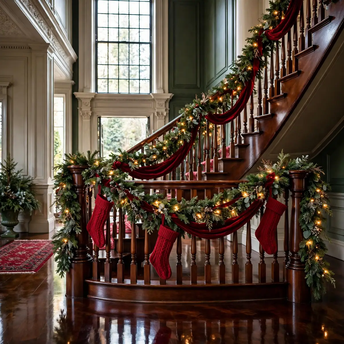 christmas entryway decor ideas: garland-wrapped staircase with warm white lights in a cream foyer