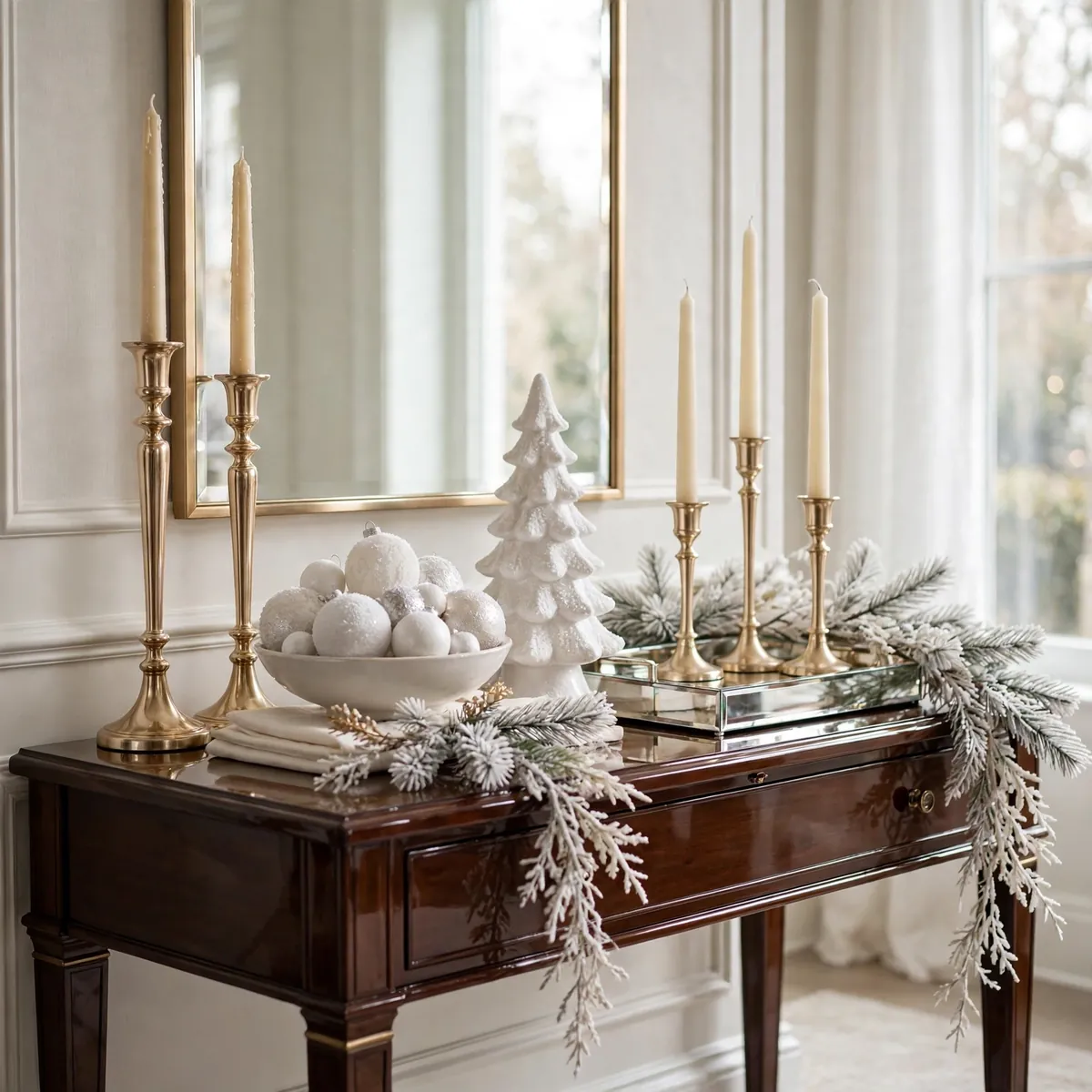 christmas entryway decor ideas: layered console-table vignette in white and champagne gold