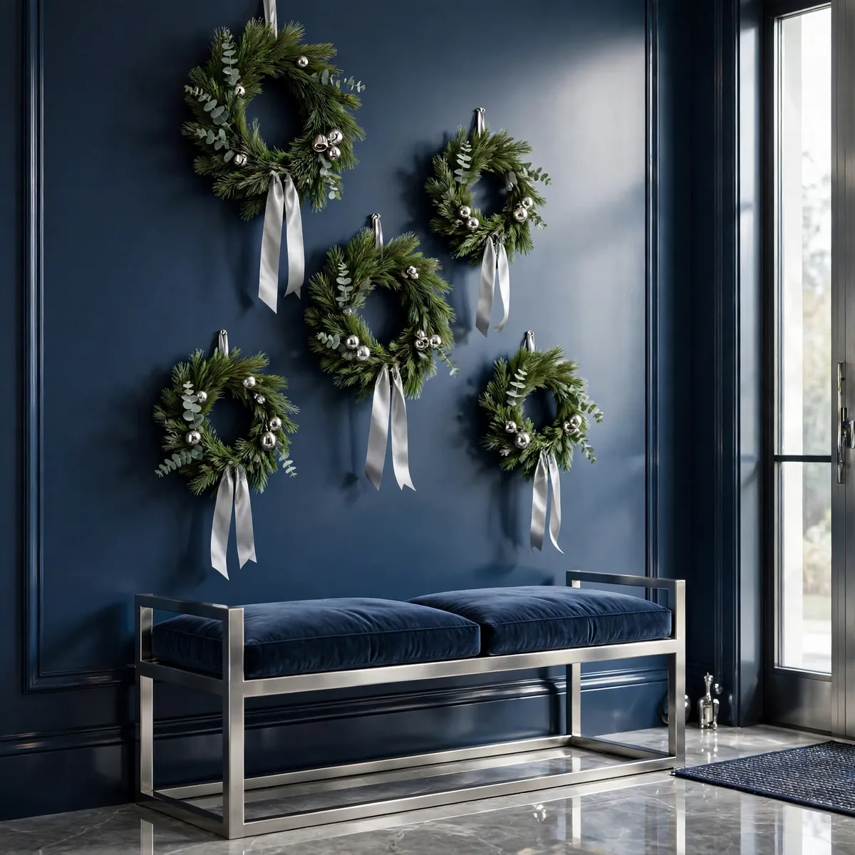 christmas entryway decor ideas: gallery wall of pine wreaths with silver ribbons in a navy entryway