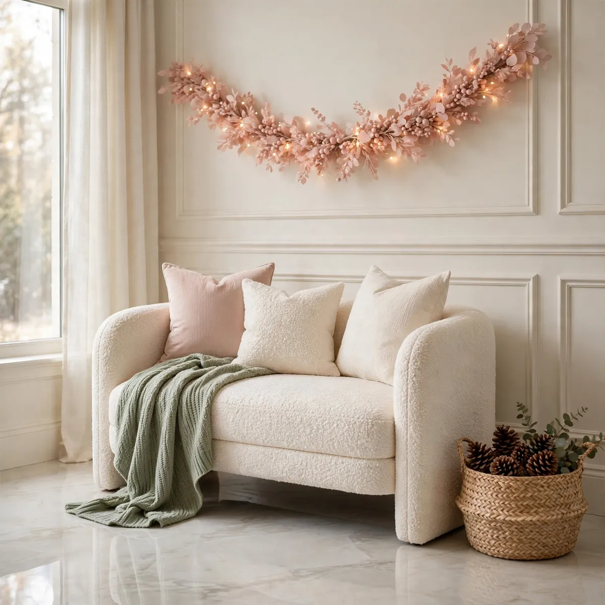 christmas entryway decor ideas: entry bench with blush pillows, sage knit throw and pinecone basket