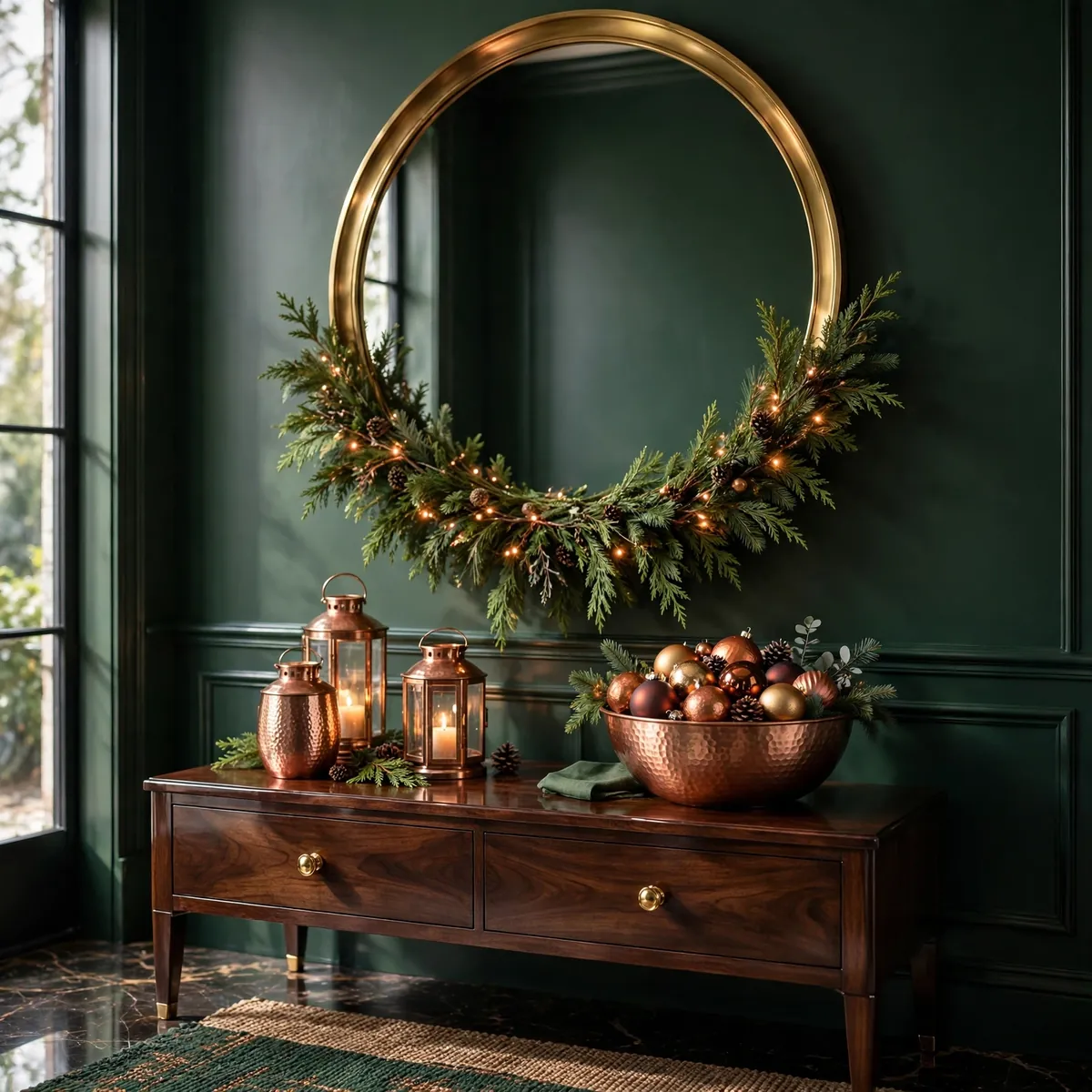 christmas entryway decor ideas: round mirror swagged with cedar garland and copper lanterns