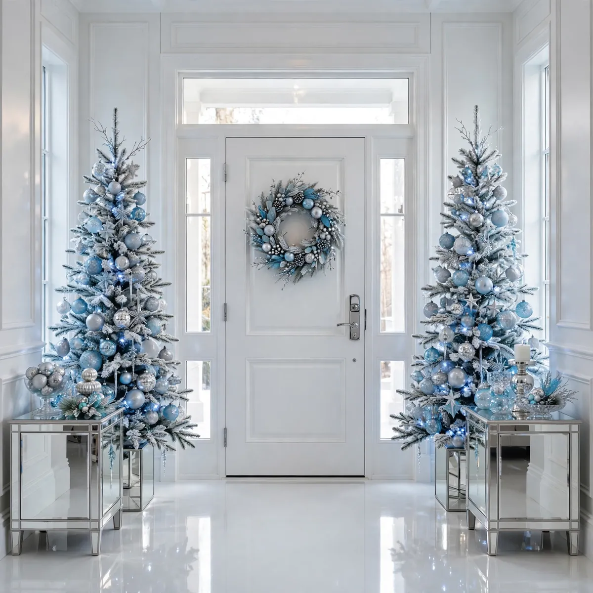 christmas entryway decor ideas: two slim flocked trees flanking the front door in icy blue and silver