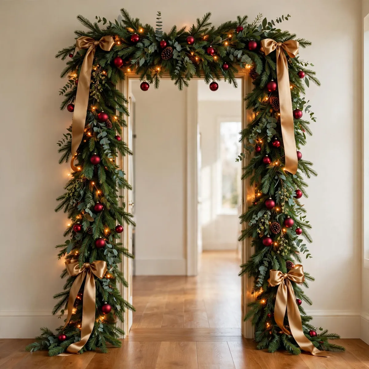 christmas entryway decor ideas: doorway framed with evergreen garland, cranberry baubles and brass ribbon