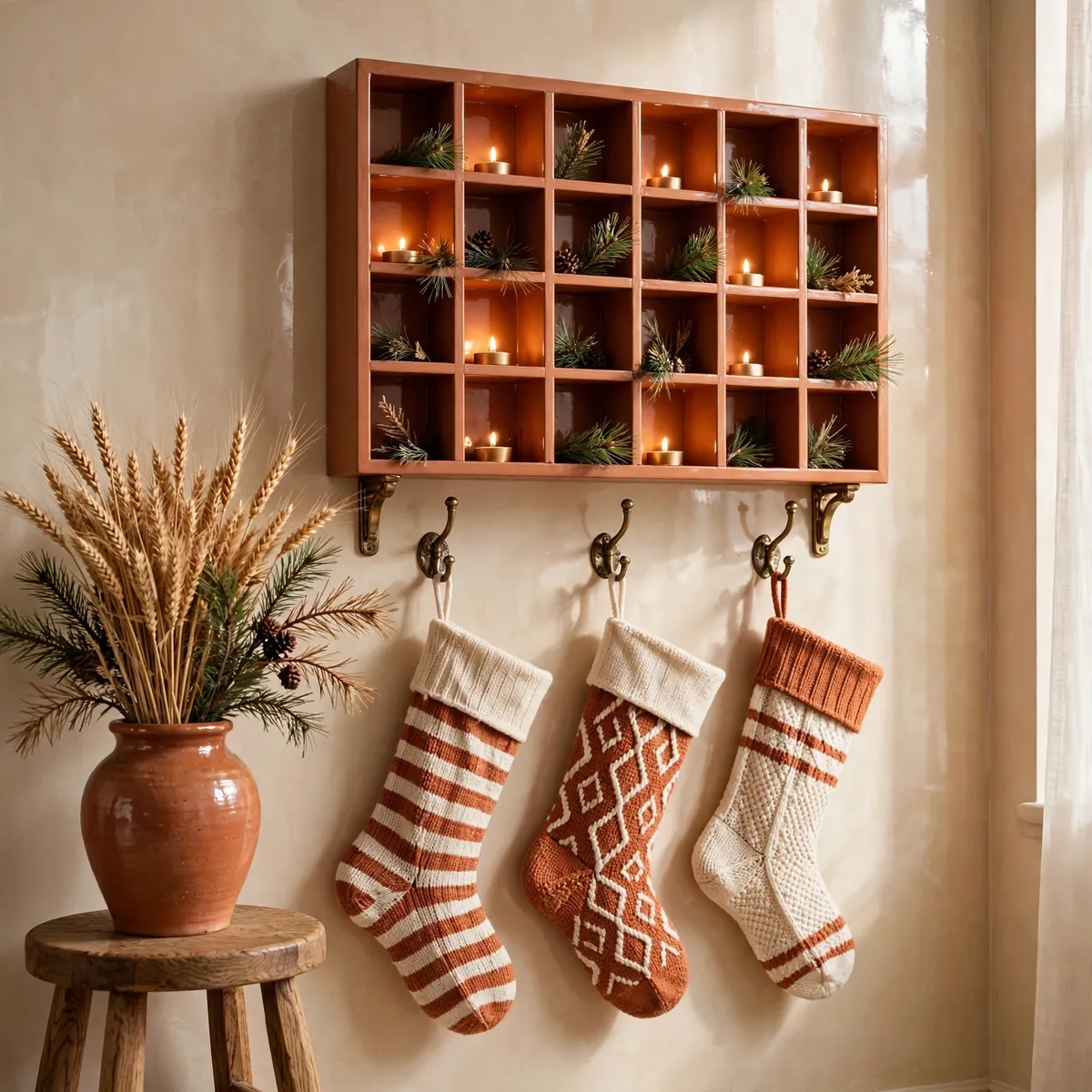 christmas entryway decor ideas: terracotta advent shelf and stockings hung on brass hooks