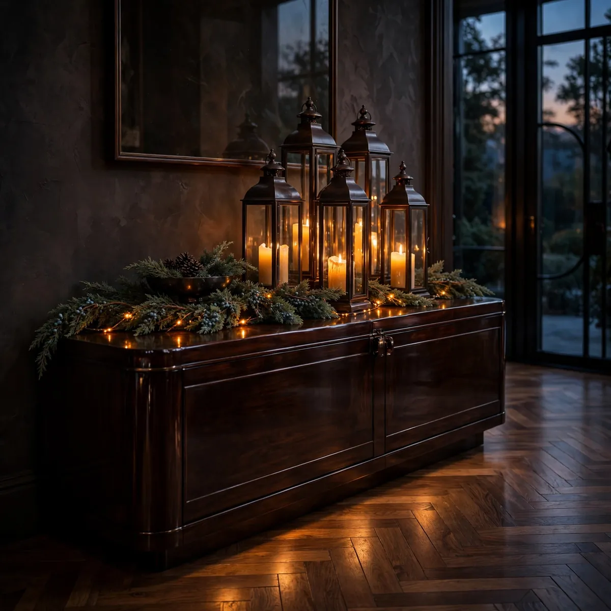 christmas entryway decor ideas: glowing lanterns and amber candles on an espresso console at dusk