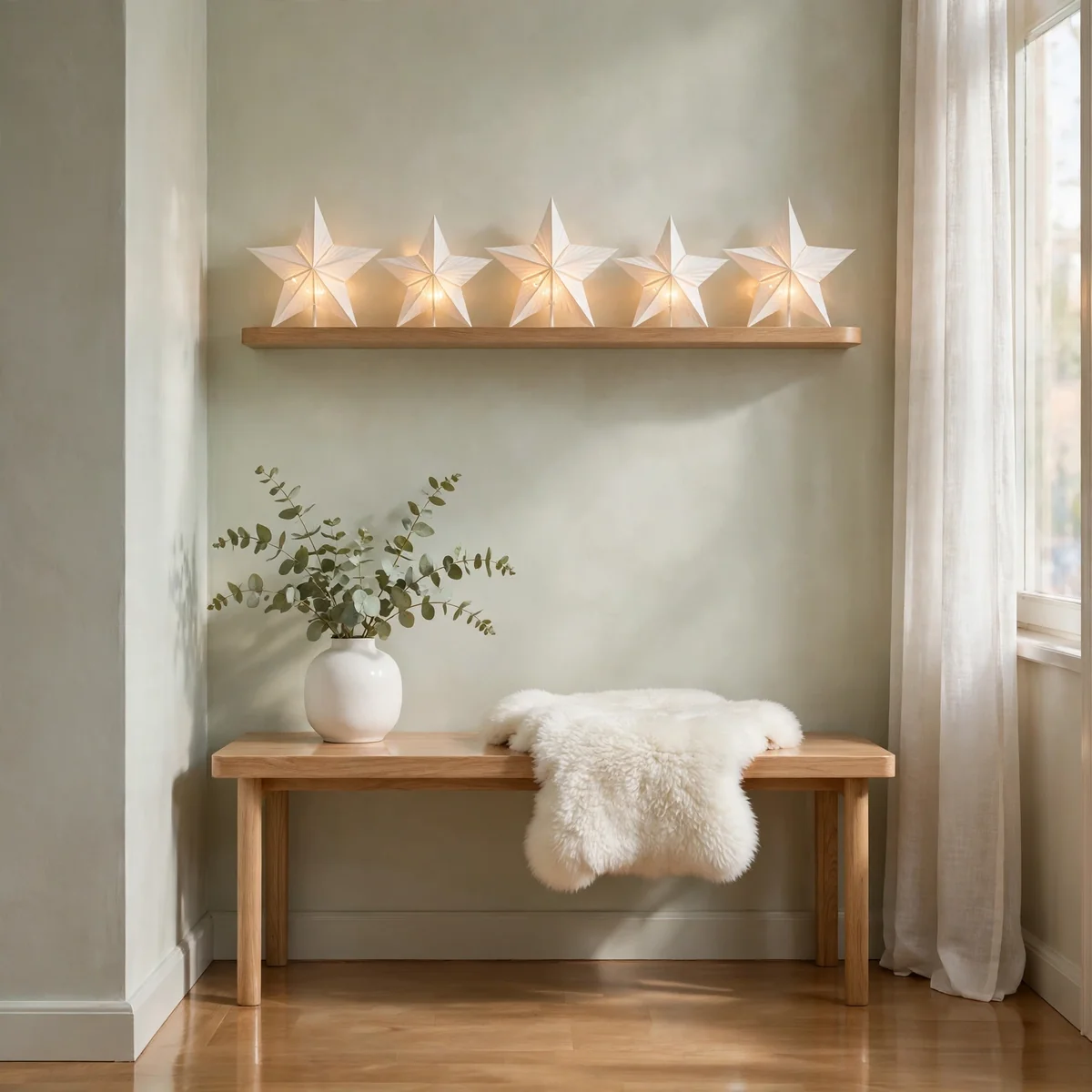 christmas entryway decor ideas: small Scandinavian entry with paper star lanterns and oak bench