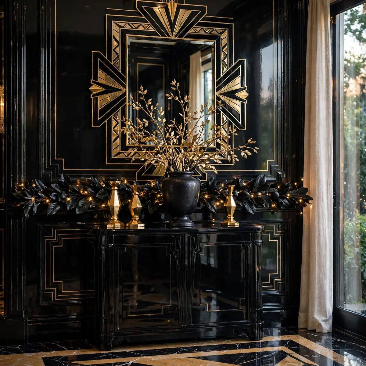 christmas entryway decor ideas: black lacquer console with gold branches and art-deco mirror