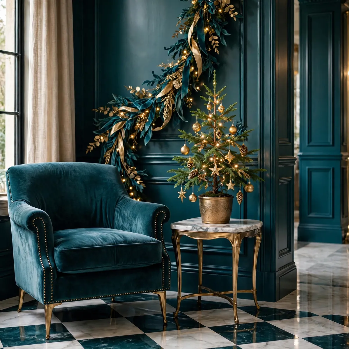christmas entryway decor ideas: teal velvet chair and side table with cedar tree in antique gold
